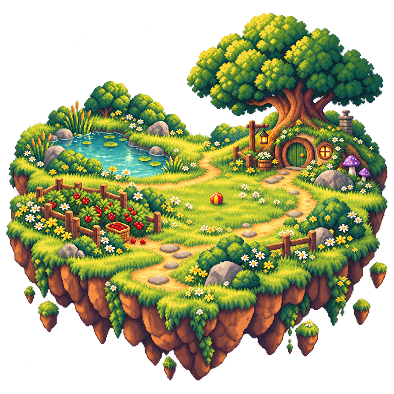 A floating pixel island with a berry garden, a play lawn, a pond and a small burrow beneath an oak